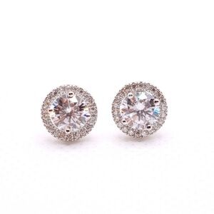 Diamond Round CZ Halo Earrings/ April Birthstone Stud Earrings/ Wedding …